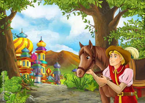 Cartoon nature scene with prince and his horse in journey