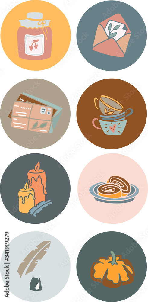 Highlights icon. Stories Covers abstract Icons. Set of letters, tea mugs, pens, candles, and other items. Vector illustration.