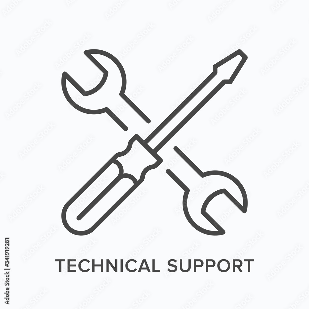 Technical support line icon. Vector outline illustration of turn-screw and spanner. Hardware settings button pictorgam Technical support line icon. Vector outline illustration of turn-screw and spanner. Hardware settings button pictorgam