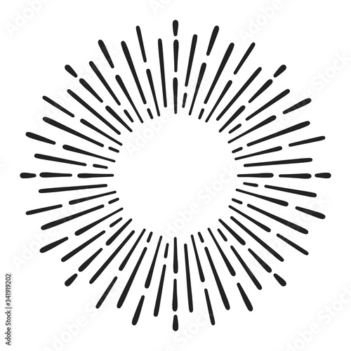 Sunburst doodle line art. Hand drawn sun burst, round banner with circle explosion. Retro sketch radial rays, black frame isolated on white background. Monochrome handmade design element
