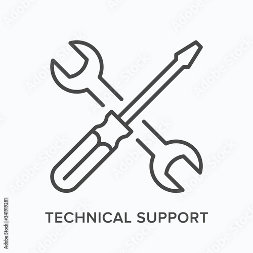 Technical support line icon. Vector outline illustration of turn-screw and spanner. Hardware settings button pictorgam