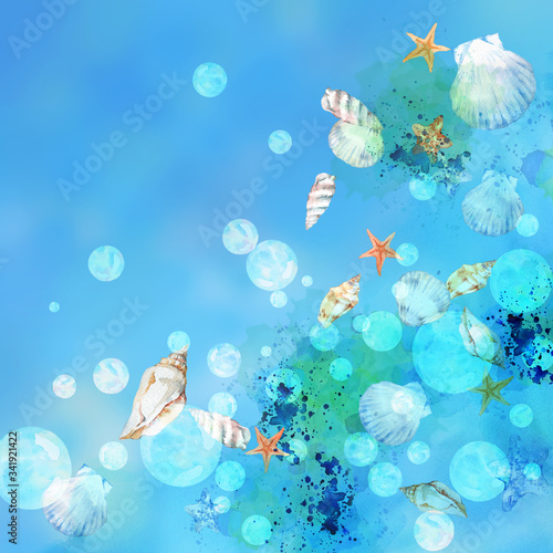 貝殻と泡 水彩画