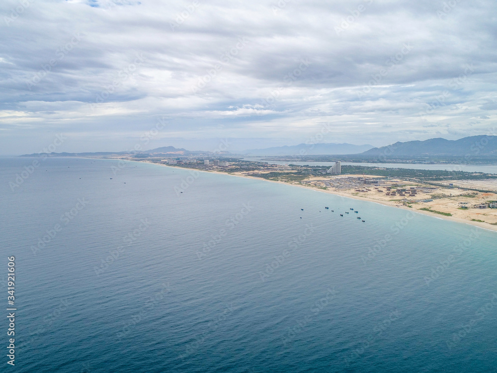 Aerial view of Bai Dai beach at Cam Ranh Bay, owns spectacular landscape which has smooth white sand and clean blue sea. Bai Dai will become a key tourist site in the South of Khanh Hoa