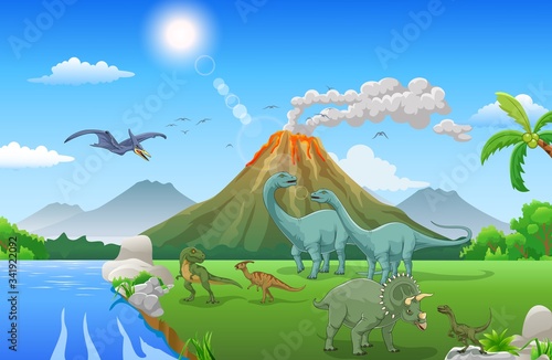 Cute cartoon dinosaur in the jungle