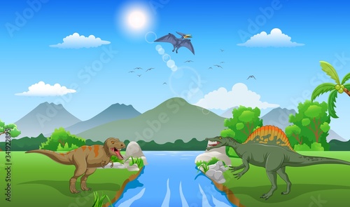 Cartoon Tyrannosaurus and spinosaurus in the jungle
