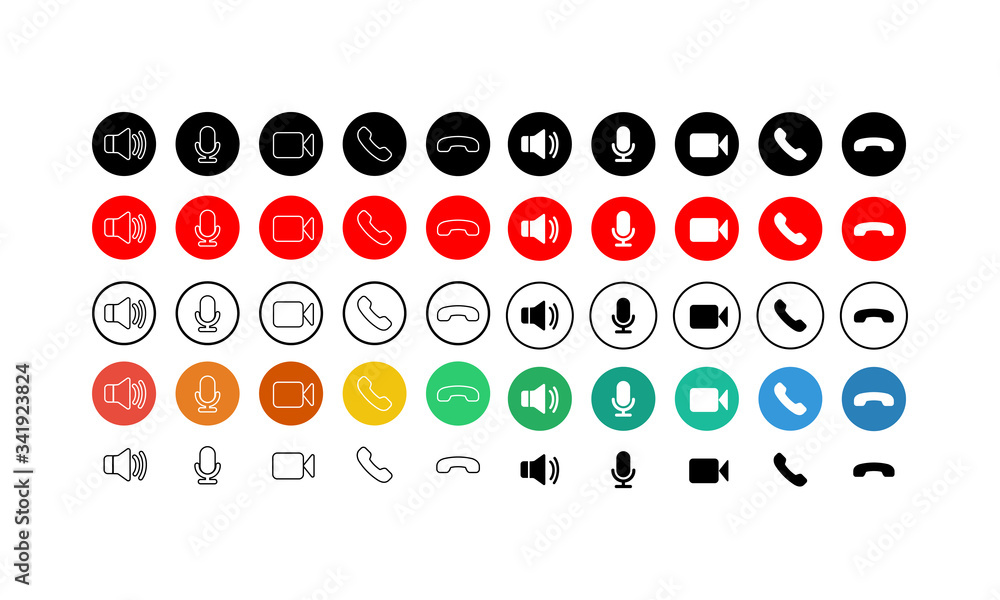 Set of communication icons button. Phone, sound, microphone, camera ...