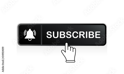 Black subscribe button with mouse pointer and notification bell icon flat in modern colour design concept on isolated white background. EPS 10 vector.