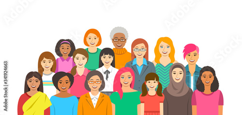 Group of women. Happy smiling female faces of different ethnicity, age and race. Horizontal flat style banner. Girl power and togetherness concept. Feminist movement for women rights