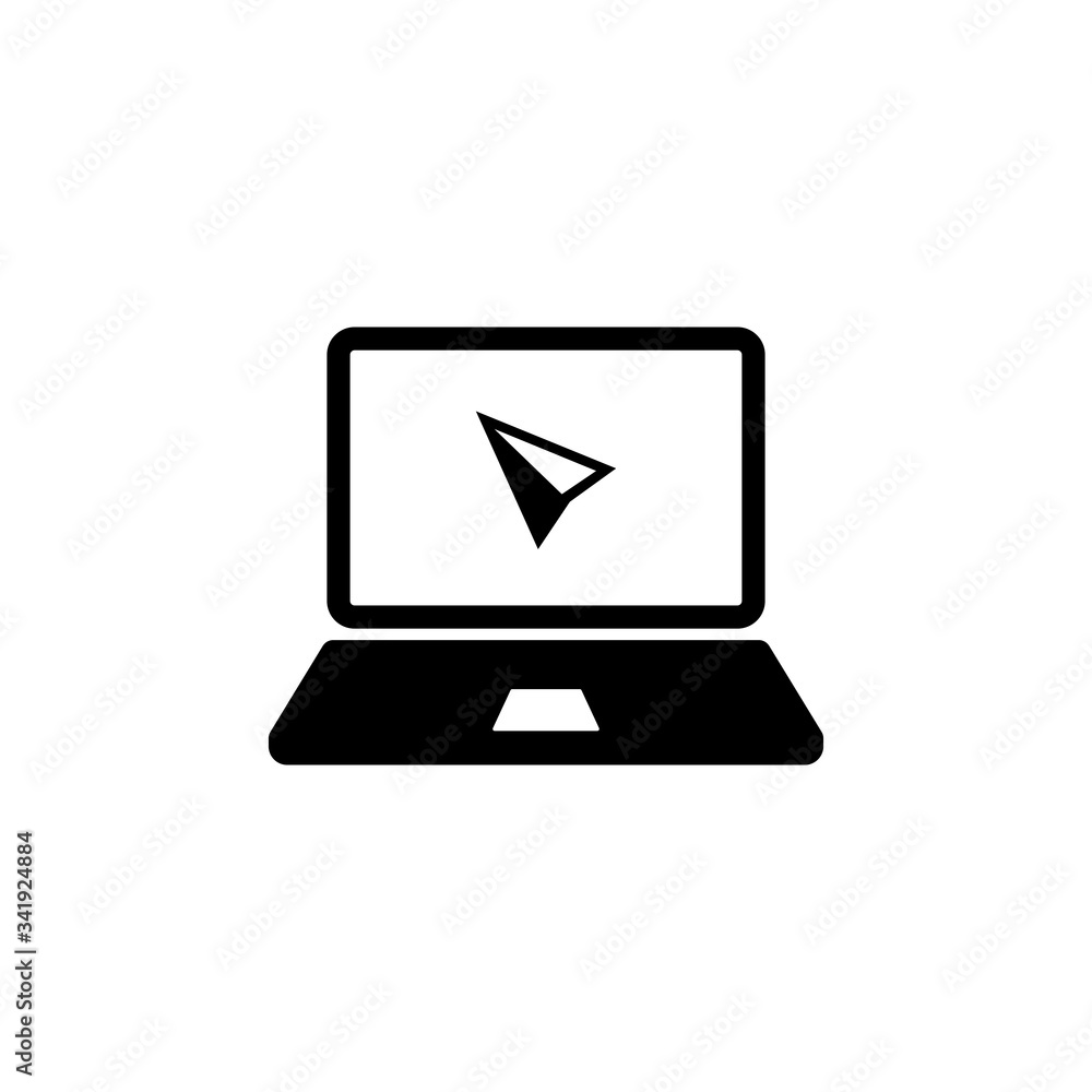 Laptop, desktop, computer icon with cursor or mouse pointe in black simple design on an isolated background. EPS 10 vector. Laptop, desktop, computer icon with cursor or mouse pointe in black simple design on an isolated background. EPS 10 vector.