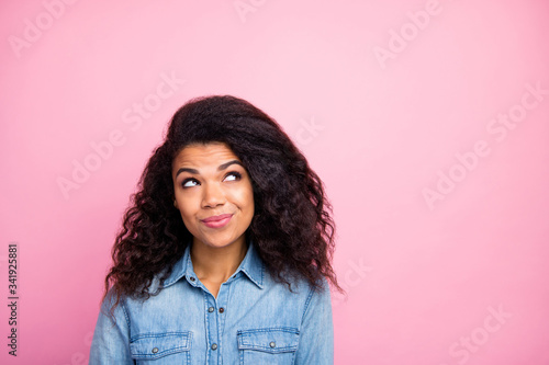 Close up photo of dreamy inspired afro american girl look copyspace think thoughts about summer rest relax wear casual style outfit isolated over pink color background