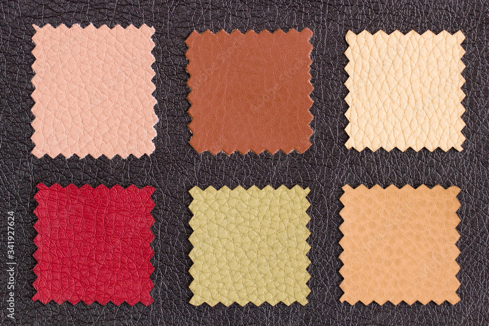 Colored pieces of leather samples for the manufacture of various products laid out in the form of a frame with space for text. Different skin samples. Materials for the leather industry. Flat Lay.