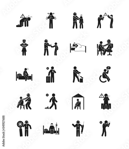 pictogram doctors and coronavirus and health icon set, silhouette style