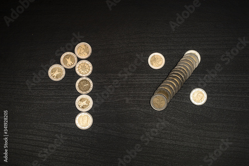 2 euro coins on dark wooden table