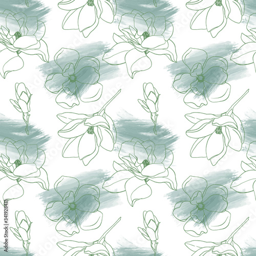 Fototapeta Naklejka Na Ścianę i Meble -  Realistic botanical seamless pattern with magnolias flowers and leaves