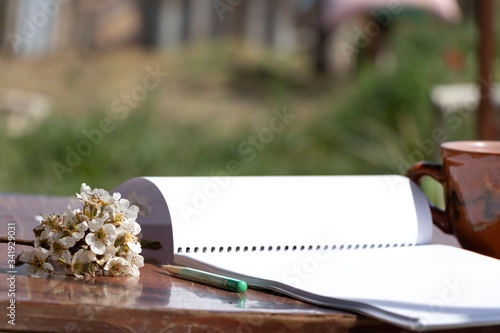 Spring flowering in a mug on a wooden background. Beautiful floral background. Notebook and pencil for drawing.