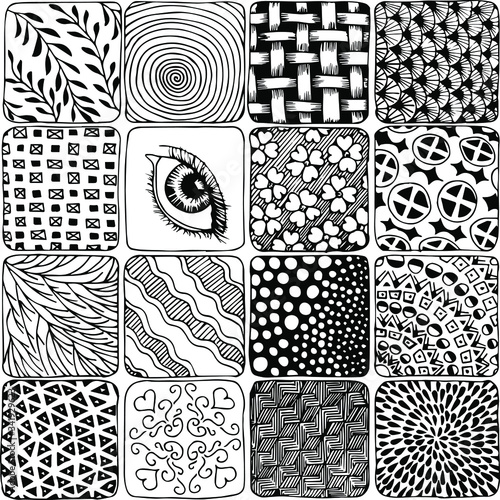Squares with different patterns inside. Different patterns divided into squares. For printing on fabric.