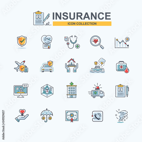 Insurance icon set for business Insurance, medical, property, protect, family life, healthcare, Natural calamity, travel, transport and financial protection. Minimal cartoon vector.