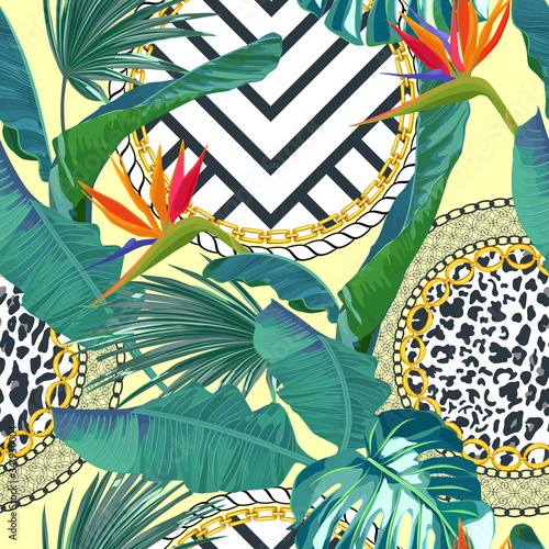Chain seamless pattern with tropical leaves. Baroque trend. Gold stripes. Vector illustration