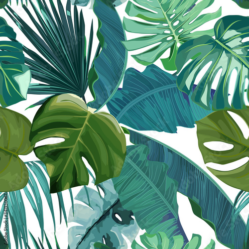 Jungle exotic seamless pattern, green tropical leaves, summer vector illustration on white background. Watercolor style