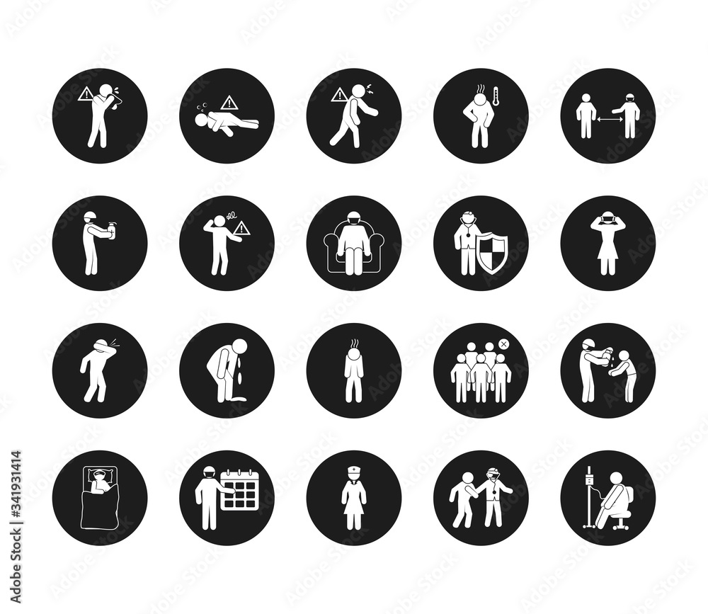 people and Covid 19 preventions icon set, block style people and Covid 19 preventions icon set, block style