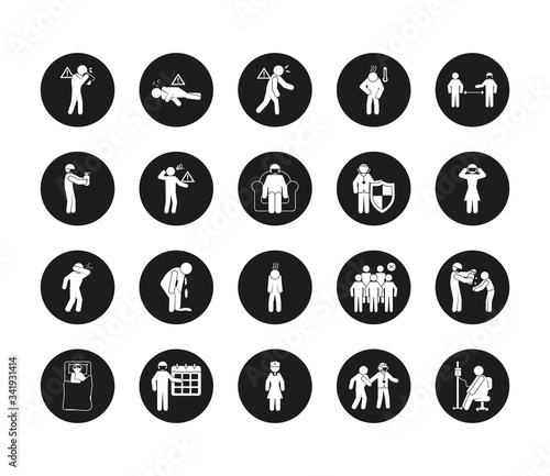 people and Covid 19 preventions icon set, block style