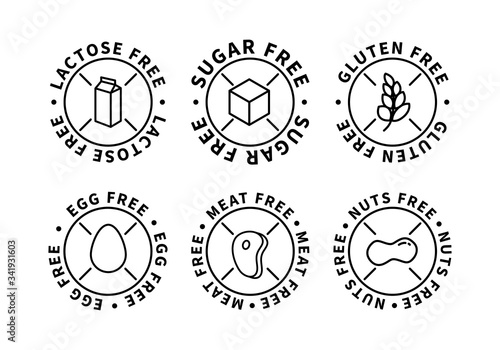 Set of food simple black icons, lactose free, sugar free, nuts free, egg free, meat free, gluten free on white