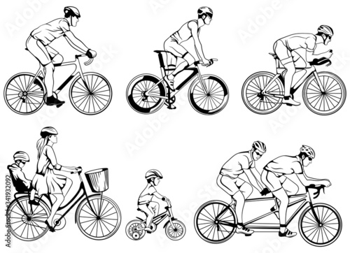 Set of cyclists. Collection of people riding on family, children and tandem bicycles. Active rest. Vector illustration for a sports shop.
