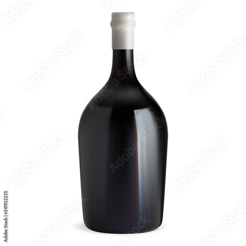 Red wine bottle. Dark glass shape illustration. Cabernet, burgundy, pinot noir luxury vintage drink from vineyard. Realistic france beverage for dinner. Alcohol bar clipart