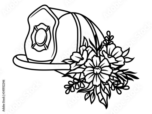 Illustration firefighter helmet with flower decoration. Silhouette of a protective helmet of a fireman with a floral wreath.Profession for saving people. Vector illustration on a white background.