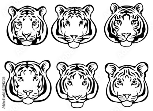 Set of tiger face. Collection of sillouette portraits predatory wild cats. Set of wildlife and fauna dwellers. Black and white illustration for the zoo. Tattoos.