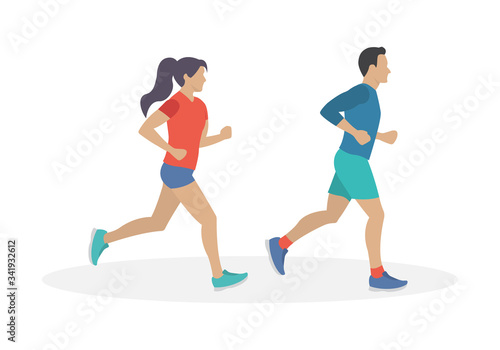 Running man and woman. Couple jogging. Marathon race concept. Sport and fitness design template with runners in flat style. Vector illustration.