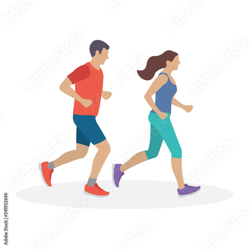 Running man and woman. Couple jogging. Marathon race concept. Sport and fitness design template with runners in flat style. Vector illustration.