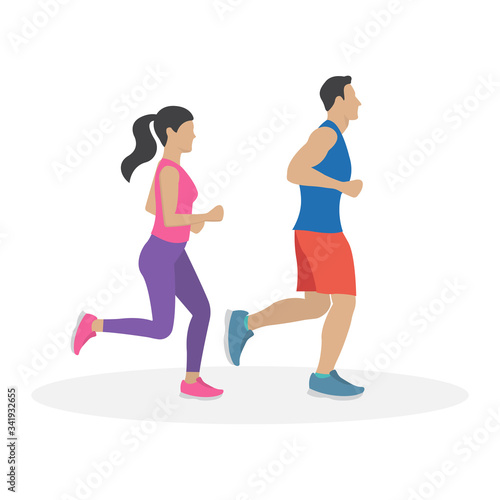 Running man and woman. Couple jogging. Marathon race concept. Sport and fitness design template with runners in flat style. Vector illustration.