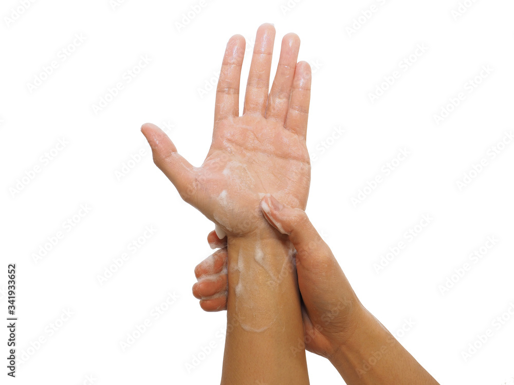 proper hand washing left palm open soapy hands, right hand holding wrist proper hand washing left palm open soapy hands, right hand holding wrist