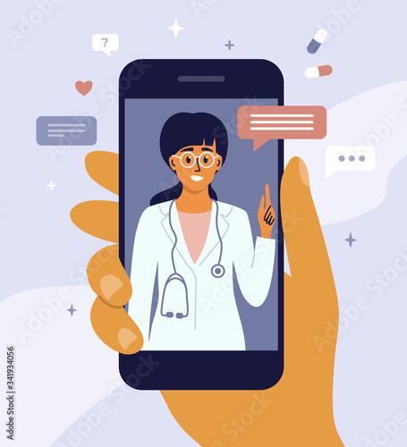 Virtual doctor concept. Consultation of healthcare specialist on mobile app. Online medical support, call to doctor service. Female professional physician. Hand holding smartphone. Vector illustration