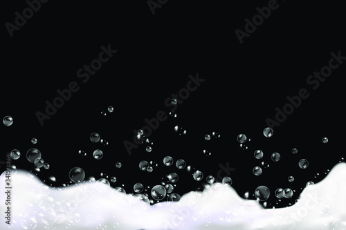 Bath foam isolated on  black background. Shampoo bubbles texture.Sparkling shampoo and bath lather vector illustration.