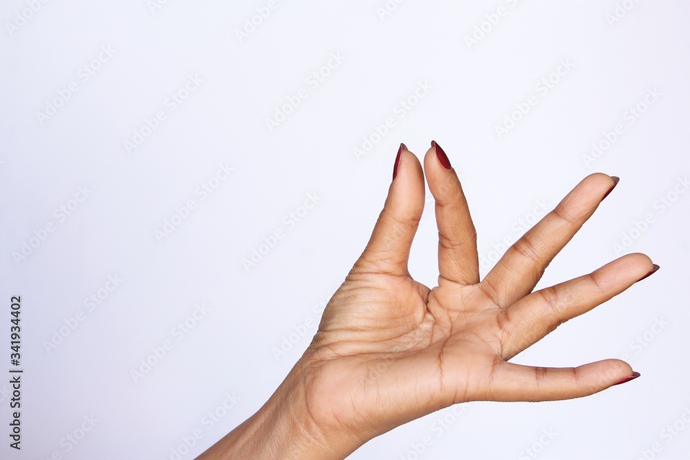 Woman hand red nail polish gesture showing or holding . photo isolate on white front view copy space Woman hand red nail polish gesture showing or holding . photo isolate on white front view copy space