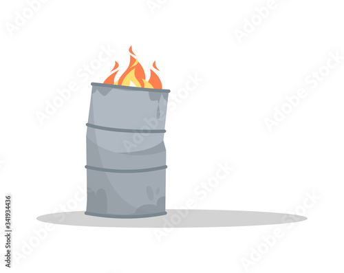 Fire in metal barrel semi flat RGB color vector illustration