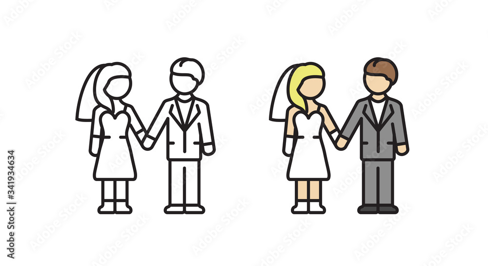 Just married linear icon. Vector illustration of a bride and bridegroom in a flat style.