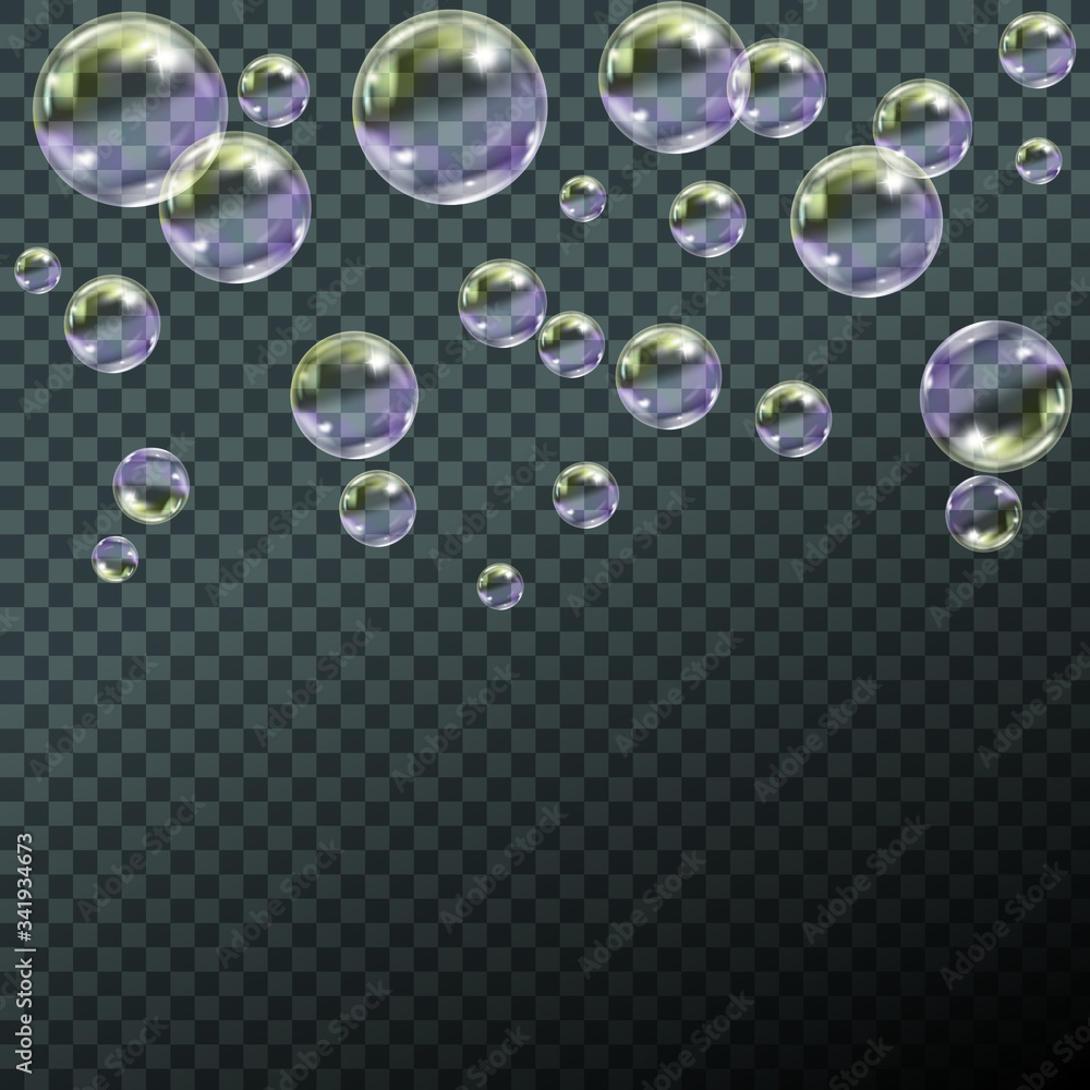 Flying transparent soap bubbles on checkered background.Reaistic colored balls.Vector texture.