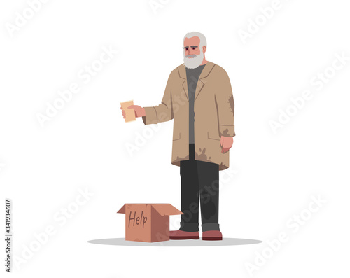 Homeless man beg for money semi flat RGB color vector illustration