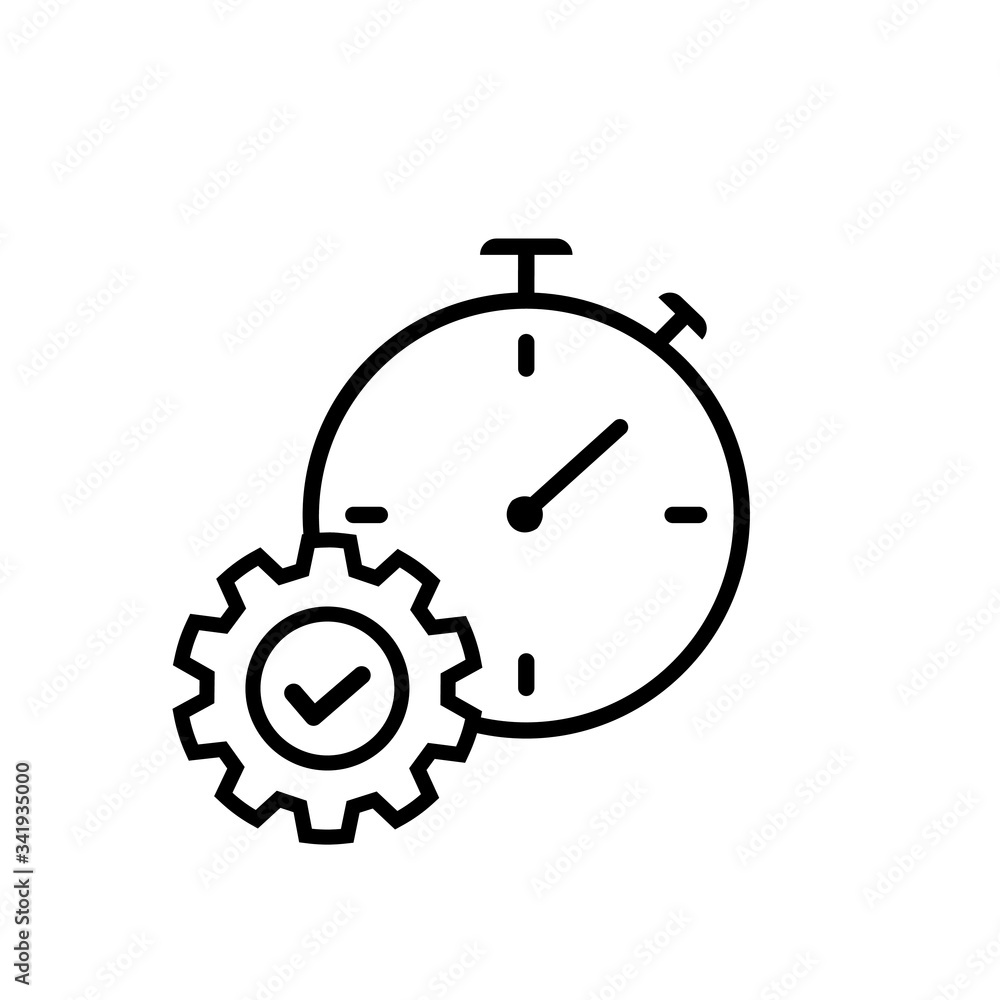 Cogwheel with approval sign and alarm clock in the scene displaying productivity icon Cogwheel with approval sign and alarm clock in the scene displaying productivity icon