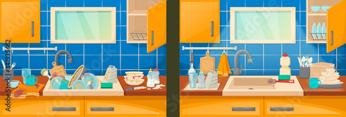 Clean and dirty dishes and sink in the kitchen. Clean sink with kitchenware furniture and utensils. Washing dishes kitchen sink with dirt unwashed dish and accessories in the dining-dining room vector