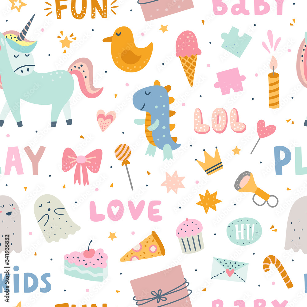 Fototapeta Seamless kids pattern. Funny vector background with cute children objects and party illustrations. Repeat digital paper with different decoration elements