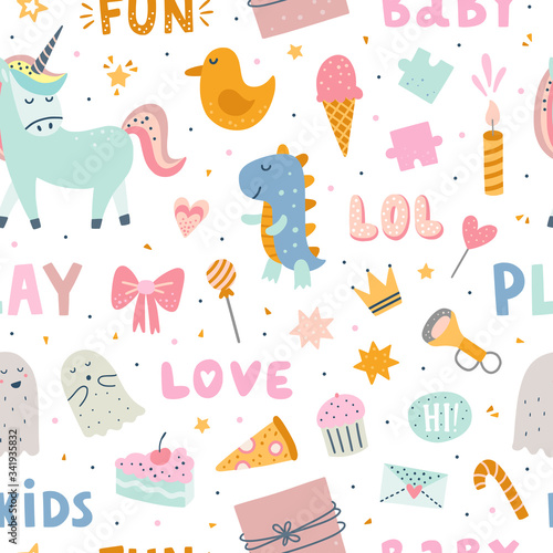 Seamless kids pattern. Funny vector background with cute children objects and party illustrations. Repeat digital paper with different decoration elements