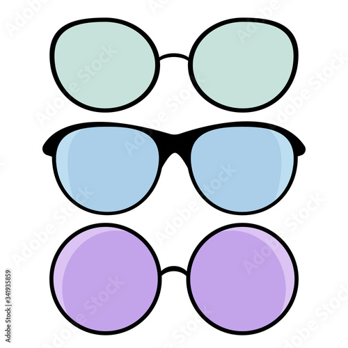 Set of glasses with multi-colored lenses isolated on white background. Set of vector icons