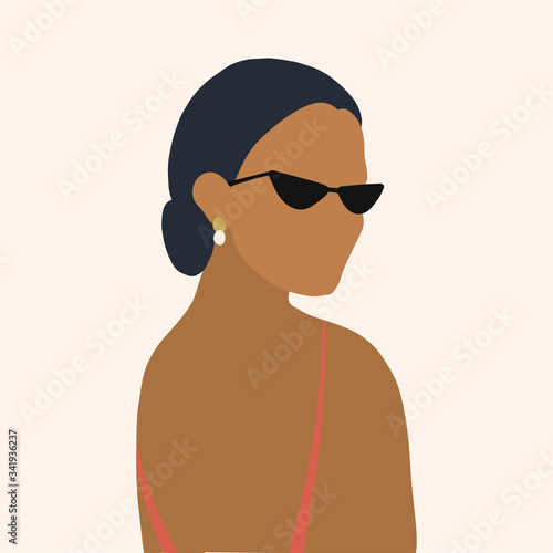 Contrast portrait of young woman. Long hair, sunglasses. Female cartoon character in half-turn. Vector illustration.