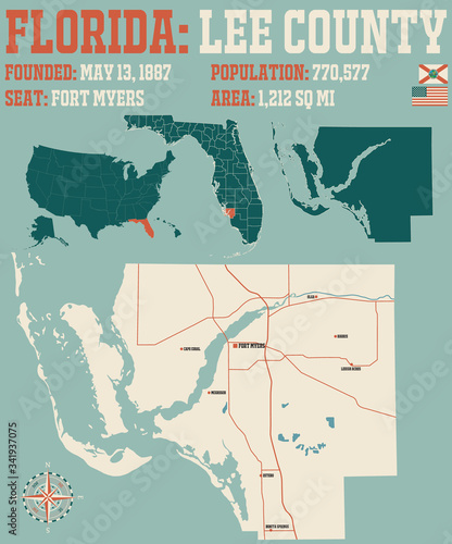 Large and detailed map of Lee county in Florida, USA.