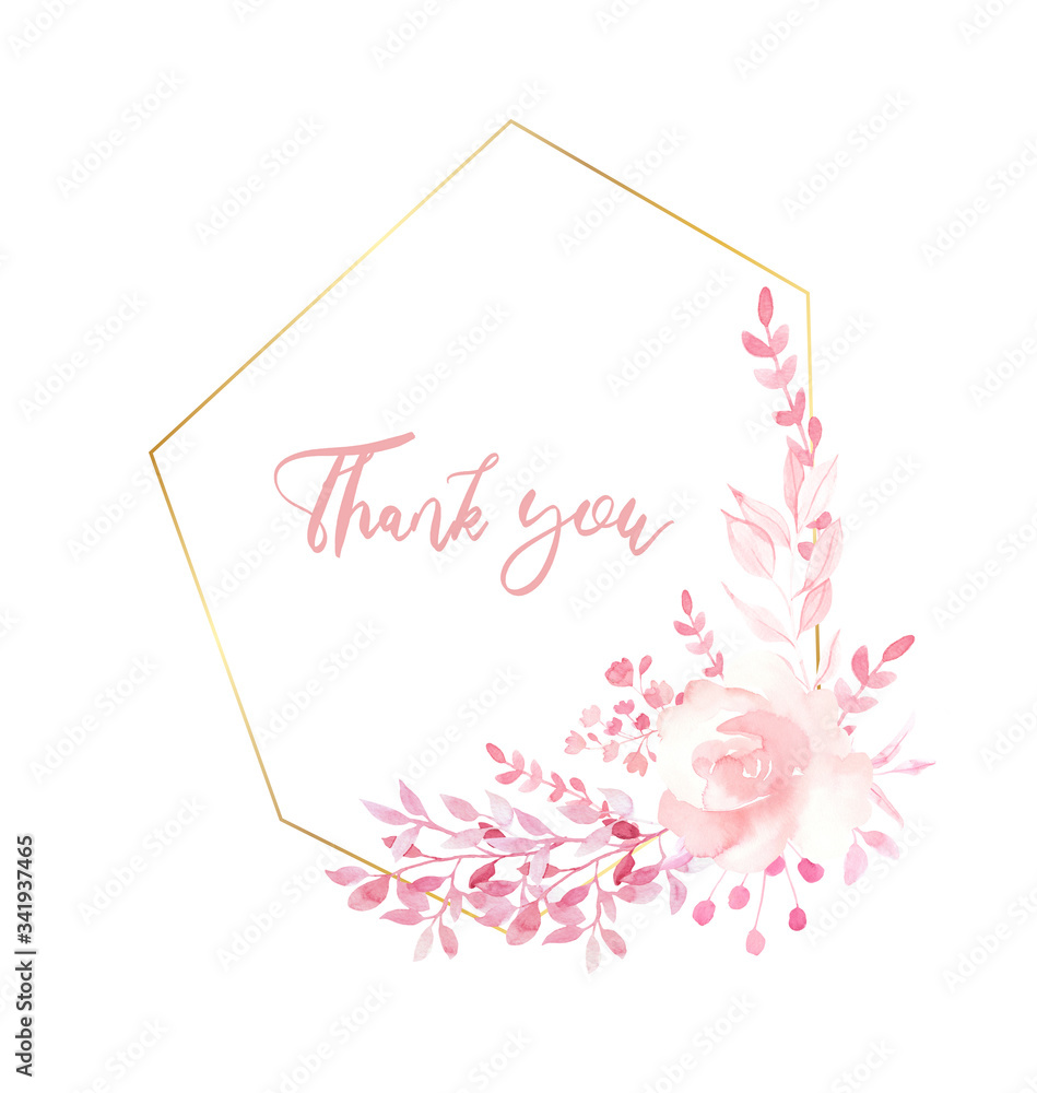 Obraz premium Watercolor hand painted pink flowers frame\wreath, bouquet with gold geometric shape, for wedding greetings, stationary, wallpapers, background.