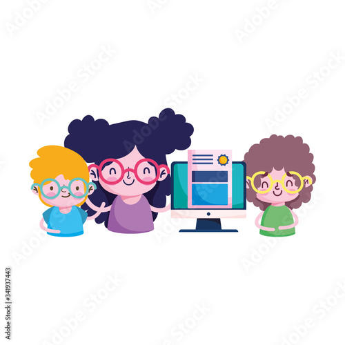 Girls and boy kid diplom and computer vector design